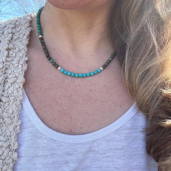 Handmade Turquoise Beaded Necklace – Sterling Silver, Western Boho Jewelry