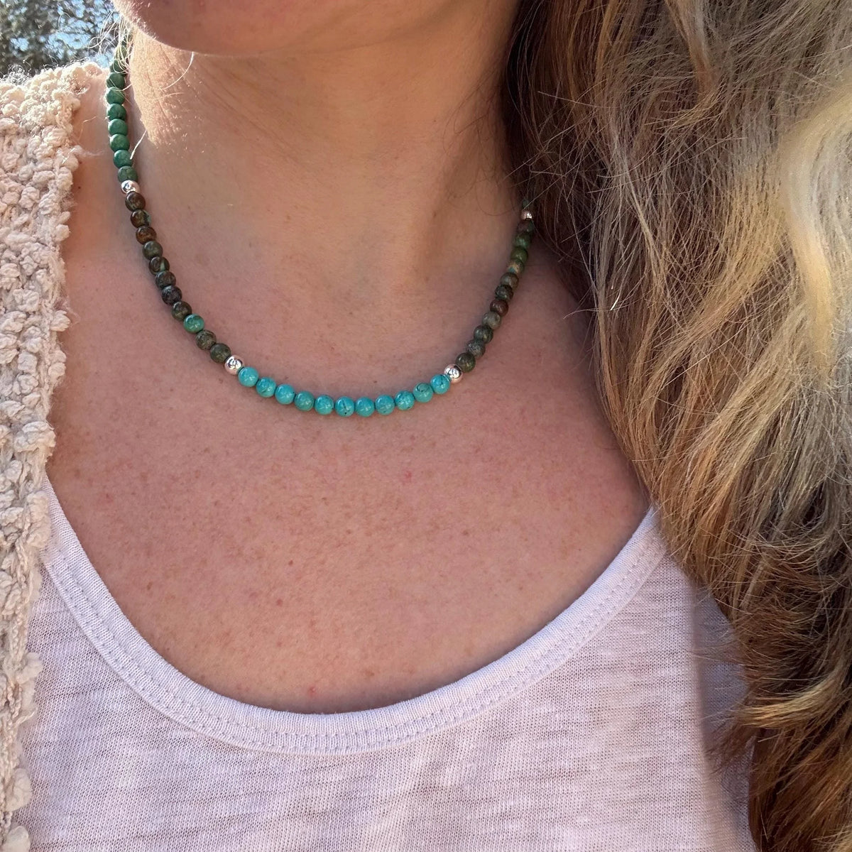 Handmade Turquoise Beaded Necklace – Sterling Silver, Western Boho Jewelry
