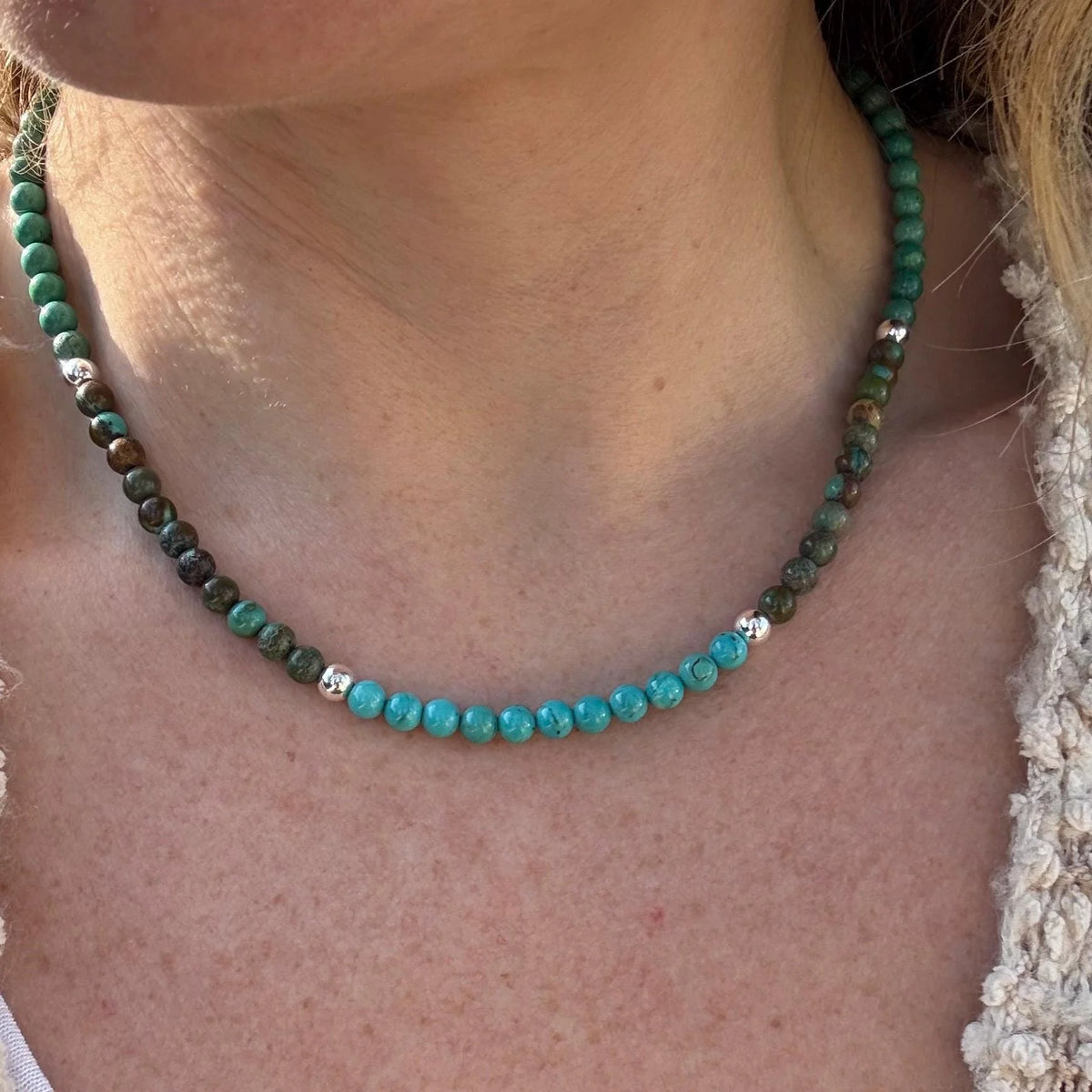Handmade Turquoise Beaded Necklace – Sterling Silver, Western Boho Jewelry
