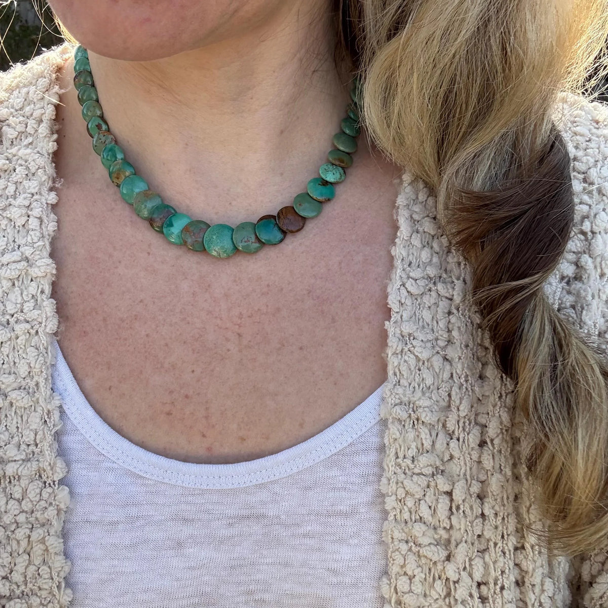 Handmade Turquoise Coin Beaded Necklace, Western Jewelry