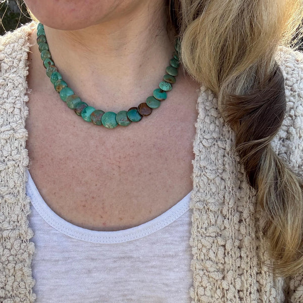 Handmade Turquoise Coin Beaded Necklace, Western Jewelry