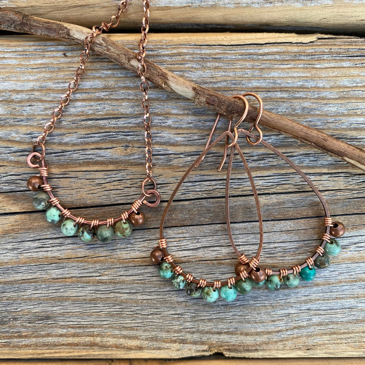 Handmade Turquoise Copper Jewelry Set, Boho Teardrop Necklace Earrings Rustic