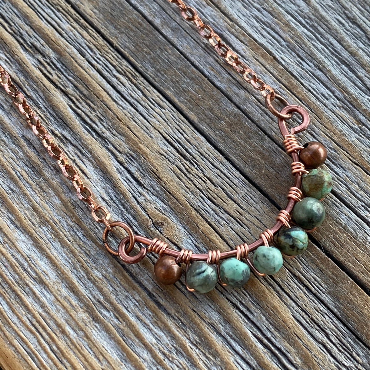 Handmade Turquoise Copper Jewelry Set, Boho Teardrop Necklace Earrings Rustic