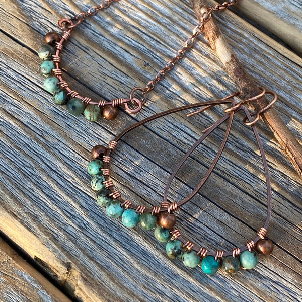 Handmade Turquoise Copper Jewelry Set, Boho Teardrop Necklace Earrings Rustic