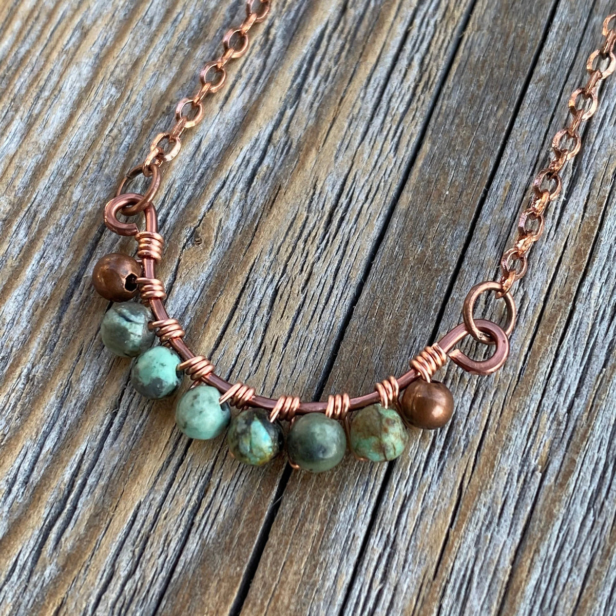 Handmade Turquoise Copper Jewelry Set, Boho Teardrop Necklace Earrings Rustic