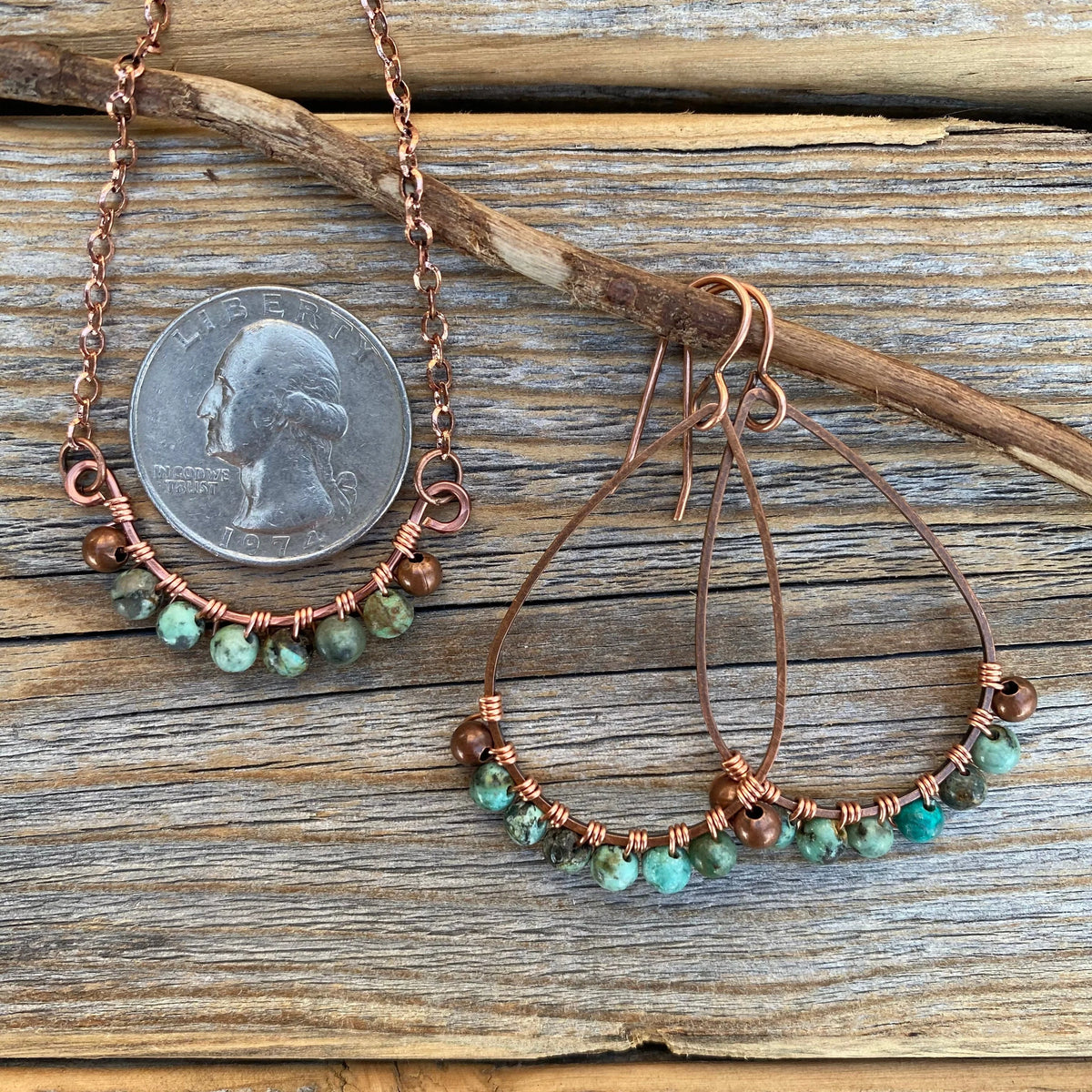 Handmade Turquoise Copper Jewelry Set, Boho Teardrop Necklace Earrings Rustic