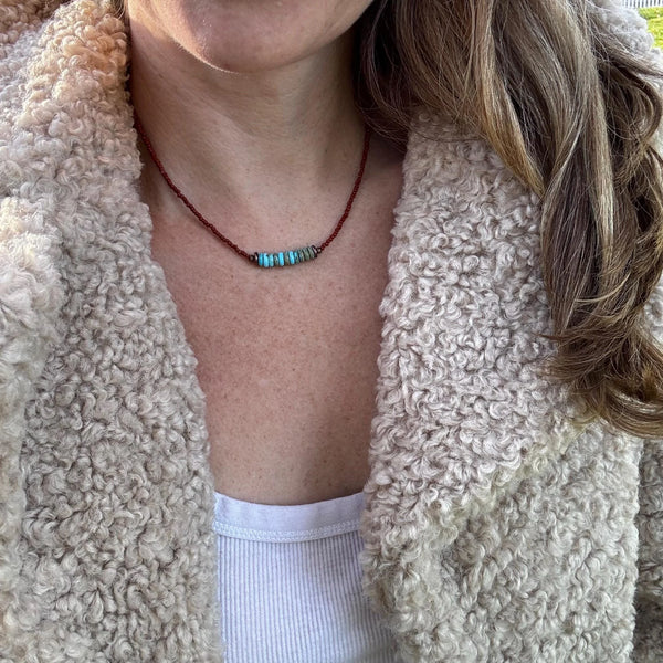Handmade Turquoise Disc Necklace, Brown Czech Glass, Boho Copper Accent