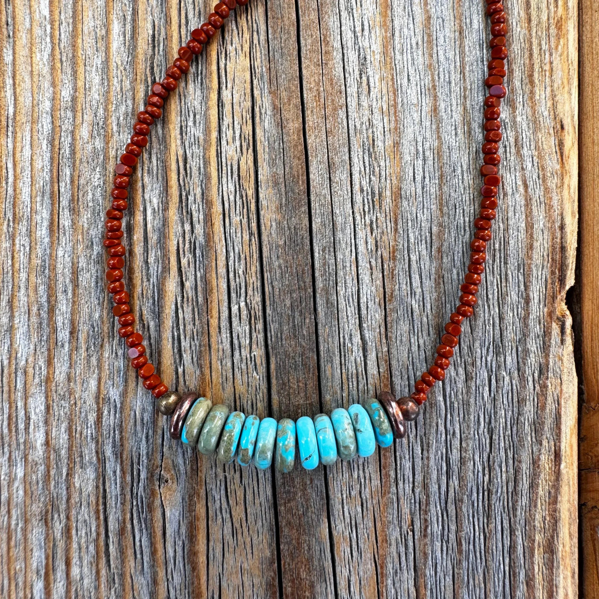 Handmade Turquoise Disc Necklace, Brown Czech Glass, Boho Copper Accent