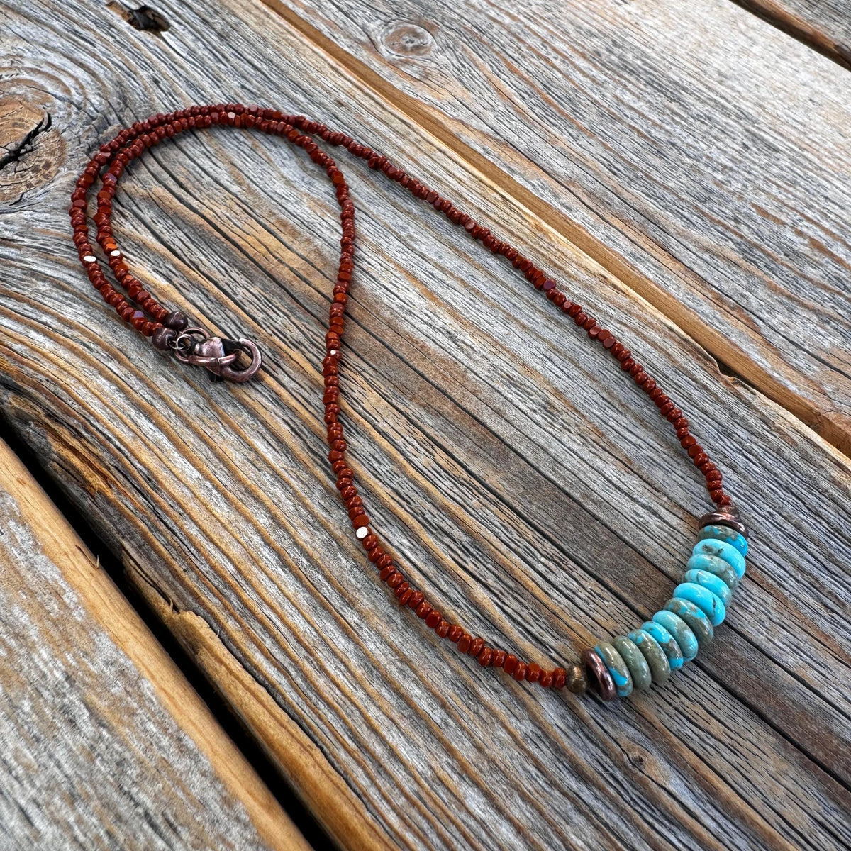 Handmade Turquoise Disc Necklace, Brown Czech Glass, Boho Copper Accent