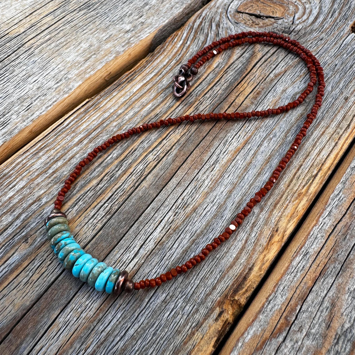 Handmade Turquoise Disc Necklace, Brown Czech Glass, Boho Copper Accent