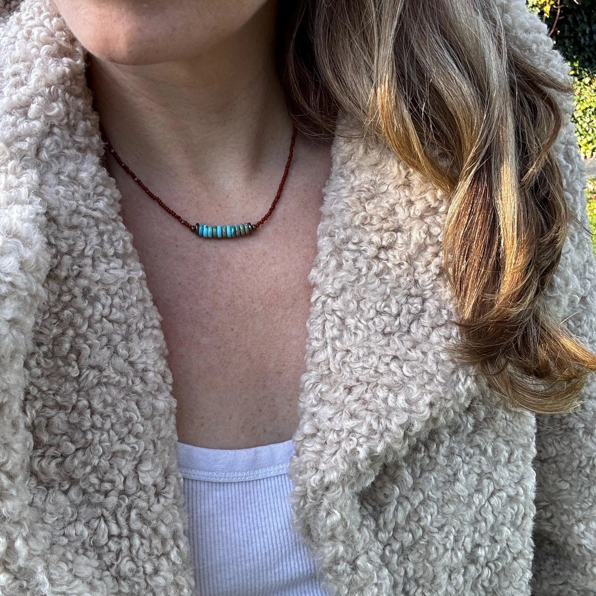 Handmade Turquoise Disc Necklace, Brown Czech Glass, Boho Copper Accent