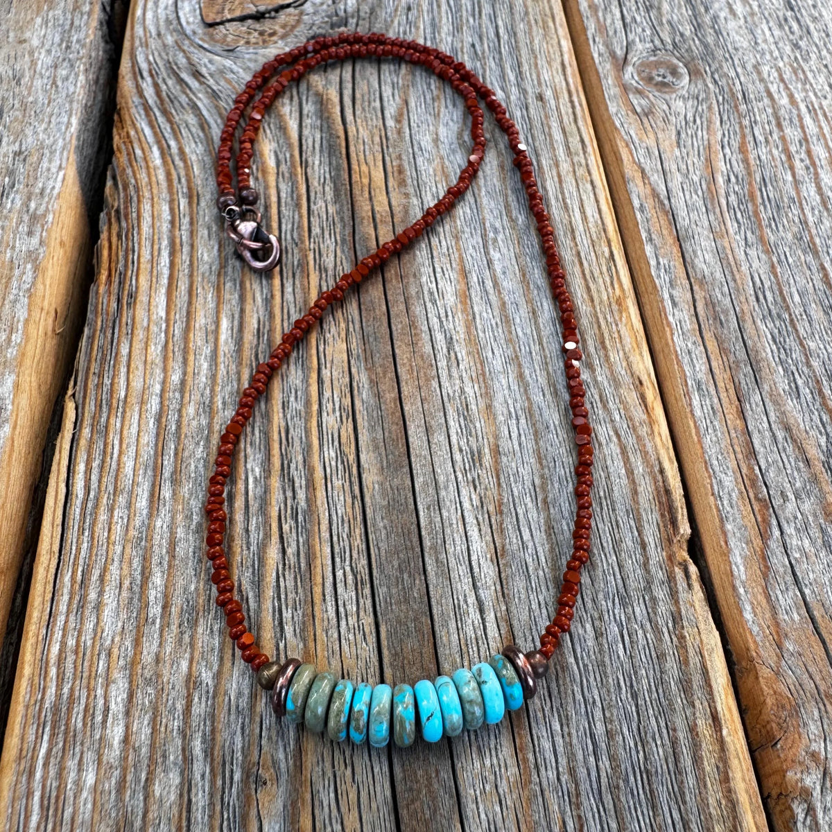 Handmade Turquoise Disc Necklace, Brown Czech Glass, Boho Copper Accent