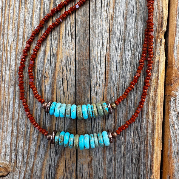 Handmade Turquoise Double Strand Necklace – Boho Copper & Czech Glass Jewelry