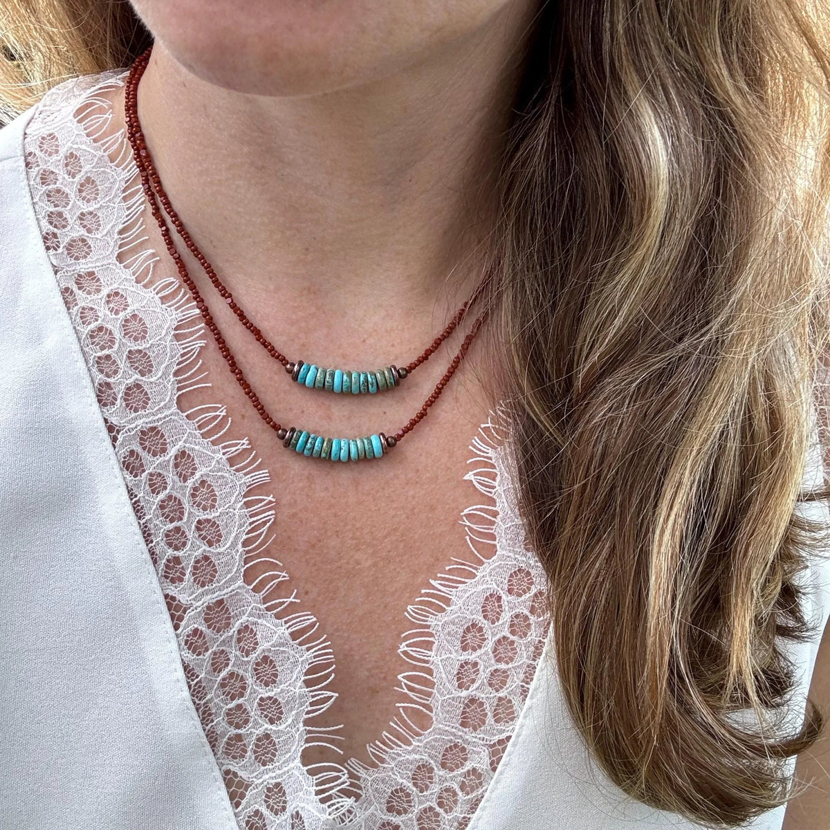 Handmade Turquoise Double Strand Necklace – Boho Copper & Czech Glass Jewelry