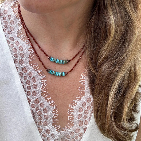 Handmade Turquoise Double Strand Necklace – Boho Copper & Czech Glass Jewelry
