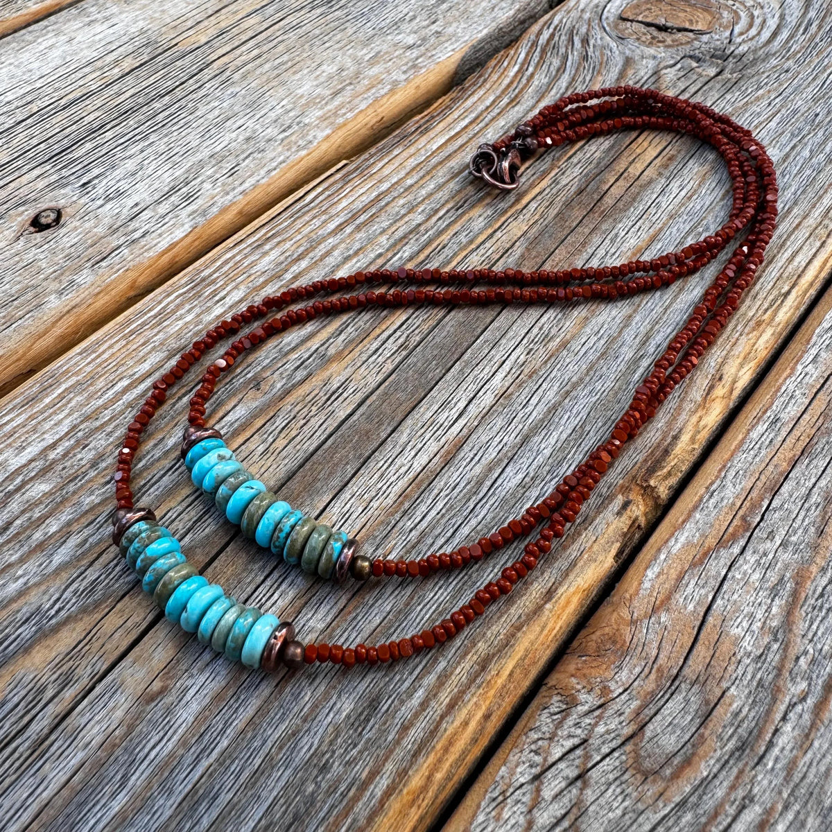 Handmade Turquoise Double Strand Necklace – Boho Copper & Czech Glass Jewelry
