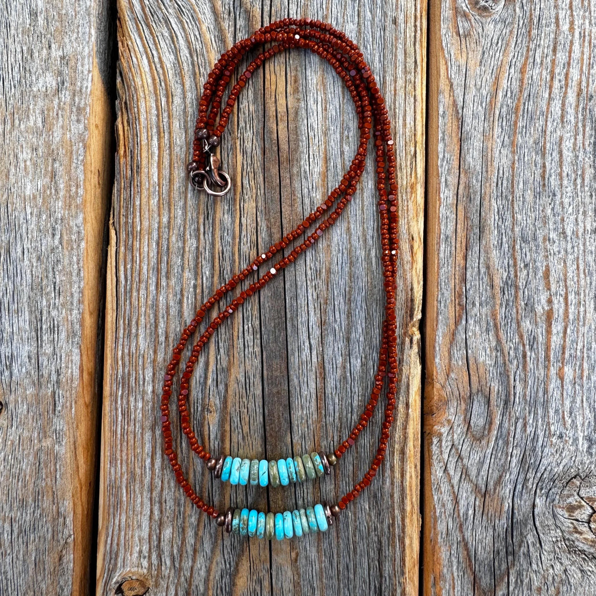 Handmade Turquoise Double Strand Necklace – Boho Copper & Czech Glass Jewelry
