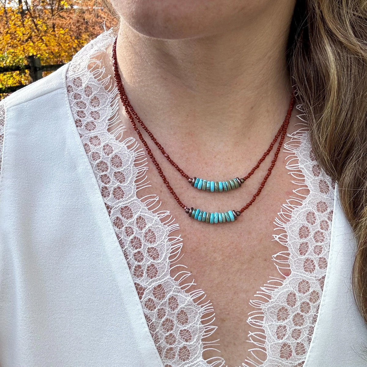 Handmade Turquoise Double Strand Necklace – Boho Copper & Czech Glass Jewelry