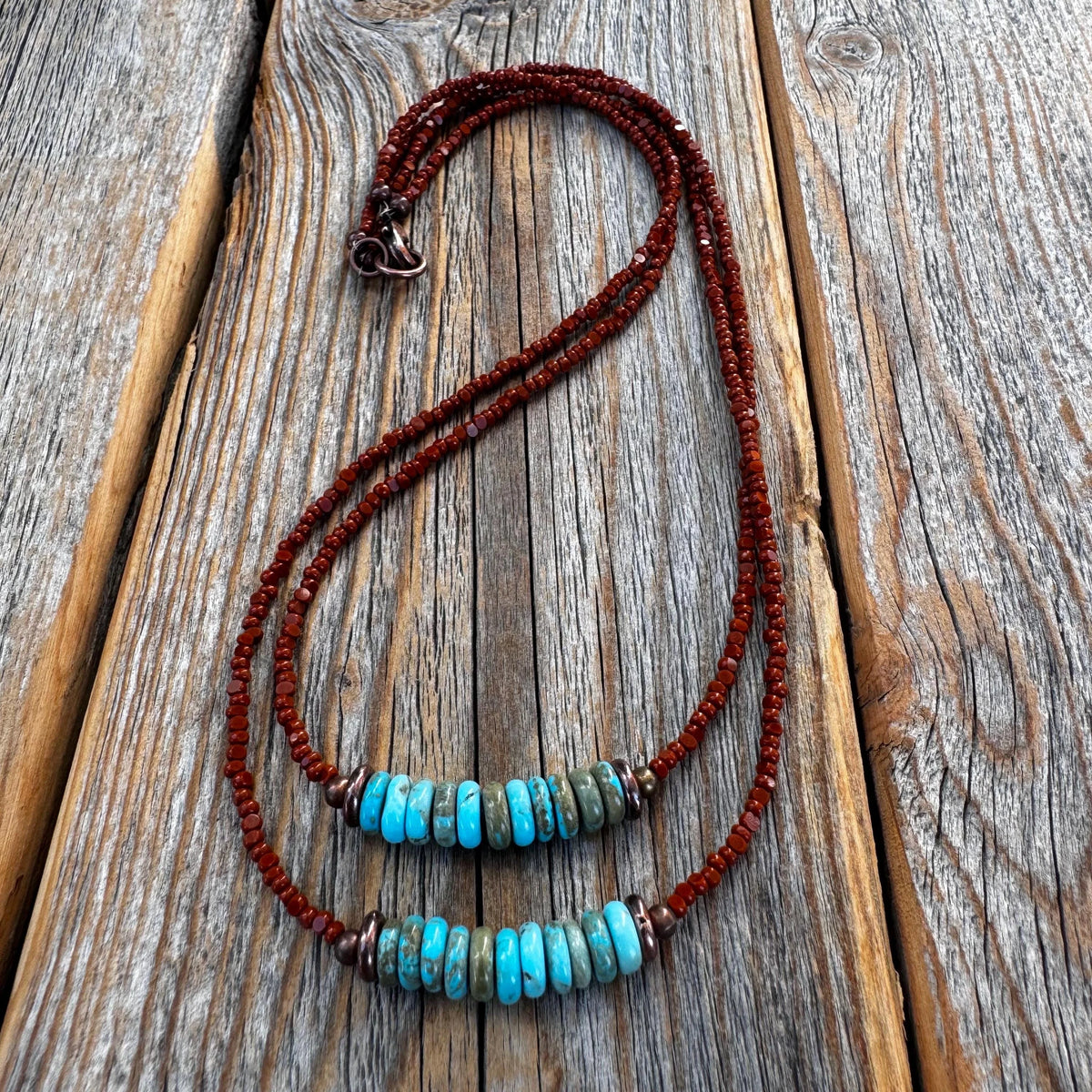 Handmade Turquoise Double Strand Necklace – Boho Copper & Czech Glass Jewelry