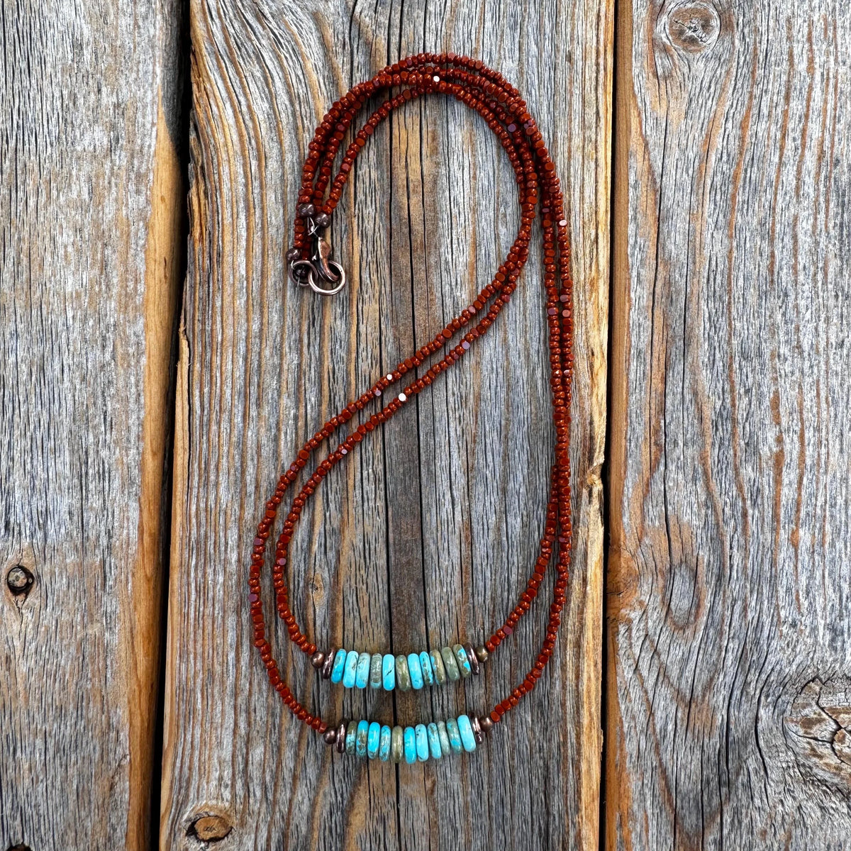 Handmade Turquoise Double Strand Necklace – Boho Copper & Czech Glass Jewelry