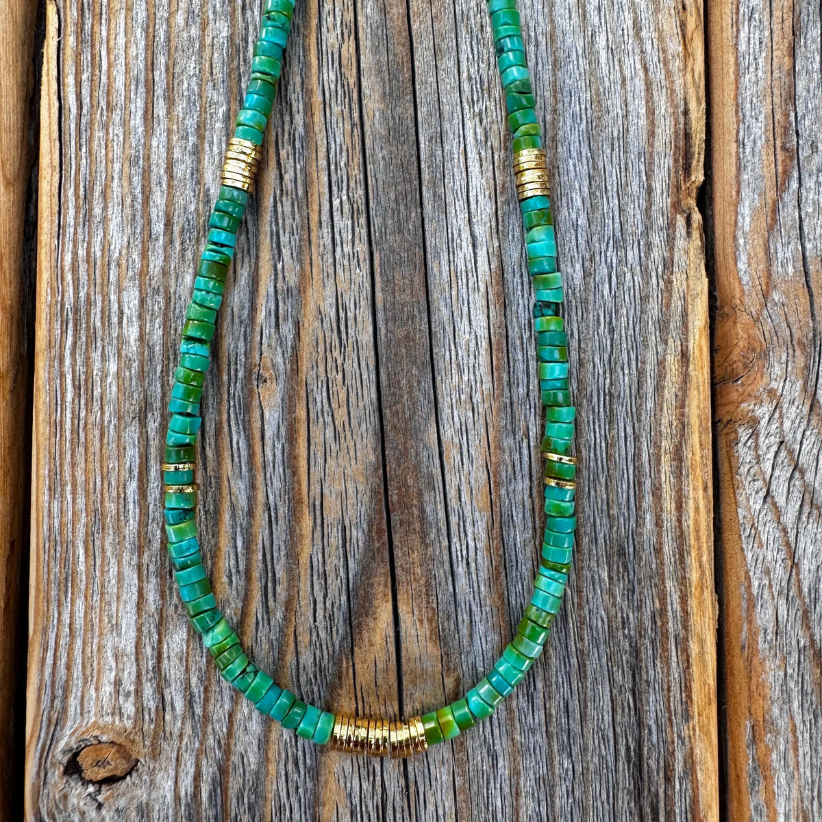 Handmade Turquoise Heishi Beaded Necklace, 14K Gold-Plated Clasp