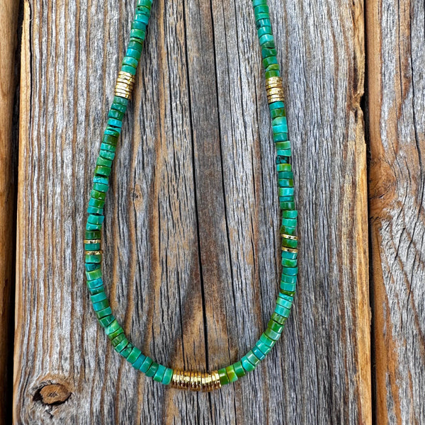 Handmade Turquoise Heishi Beaded Necklace, 14K Gold-Plated Clasp