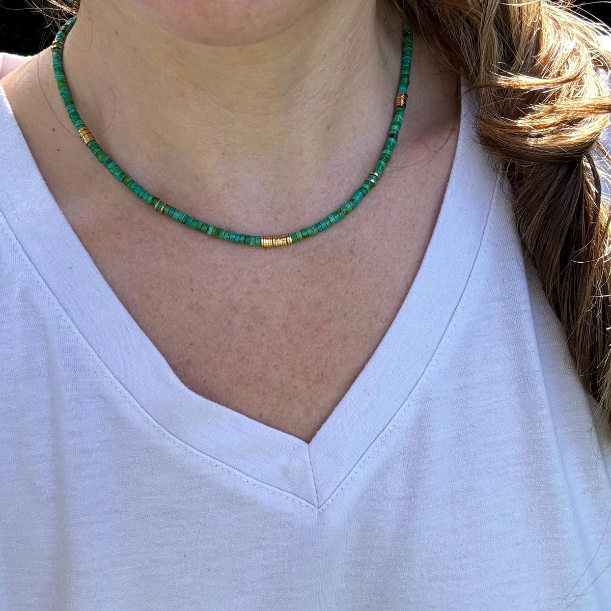 Handmade Turquoise Heishi Beaded Necklace, 14K Gold-Plated Clasp