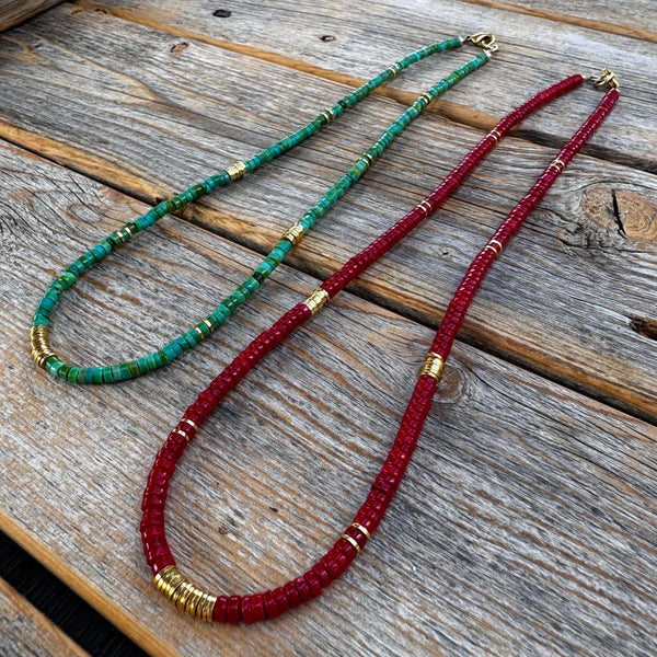 Handmade Turquoise Heishi Beaded Necklace, 14K Gold-Plated Clasp