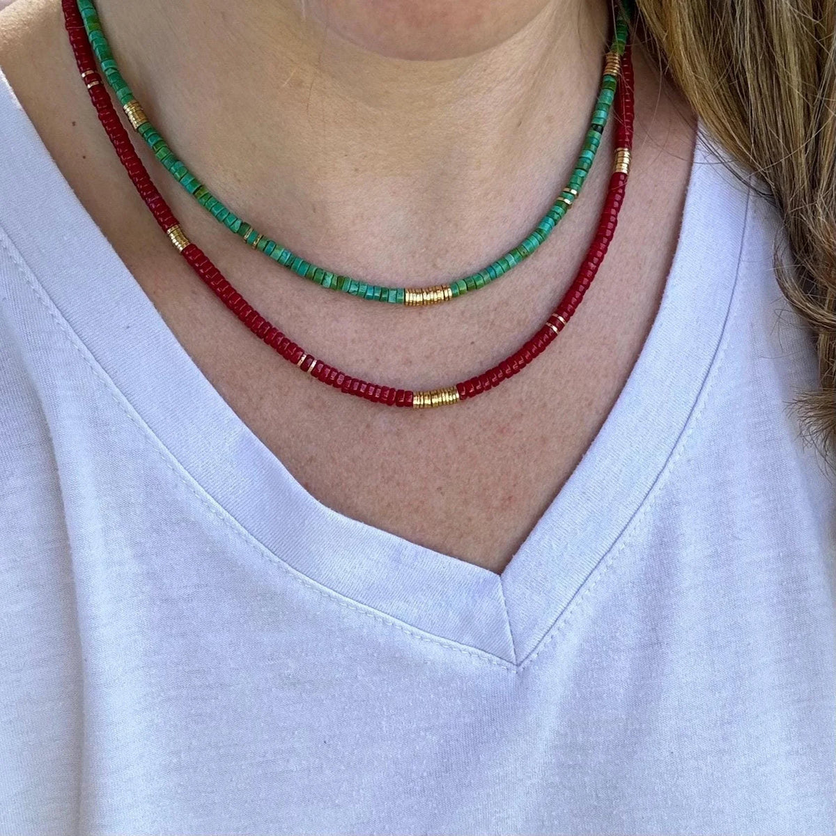 Handmade Turquoise Heishi Beaded Necklace, 14K Gold-Plated Clasp