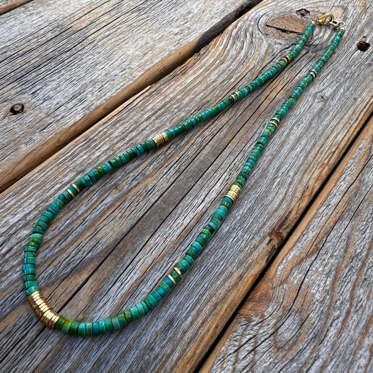 Handmade Turquoise Heishi Beaded Necklace, 14K Gold-Plated Clasp