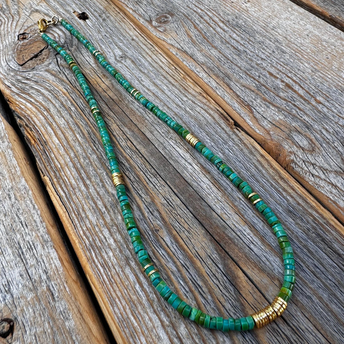 Handmade Turquoise Heishi Beaded Necklace, 14K Gold-Plated Clasp