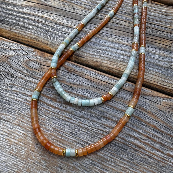 Heishi Necklace, Handmade Beaded Jewelry with Amazonite and Aventurine Stones, Southwestern Boho Style