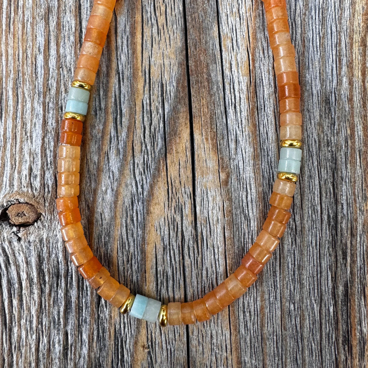 Heishi Necklace, Handmade Beaded Jewelry with Amazonite and Aventurine Stones, Southwestern Boho Style