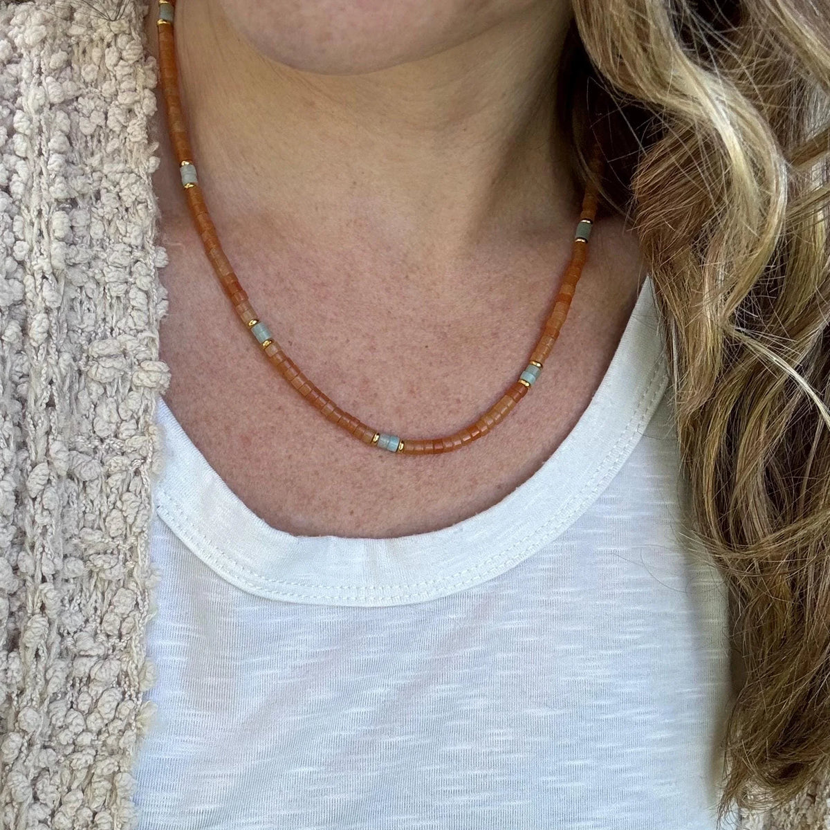 Heishi Necklace, Handmade Beaded Jewelry with Amazonite and Aventurine Stones, Southwestern Boho Style