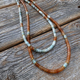 Heishi Necklace, Handmade Beaded Jewelry with Amazonite and Aventurine Stones, Southwestern Boho Style