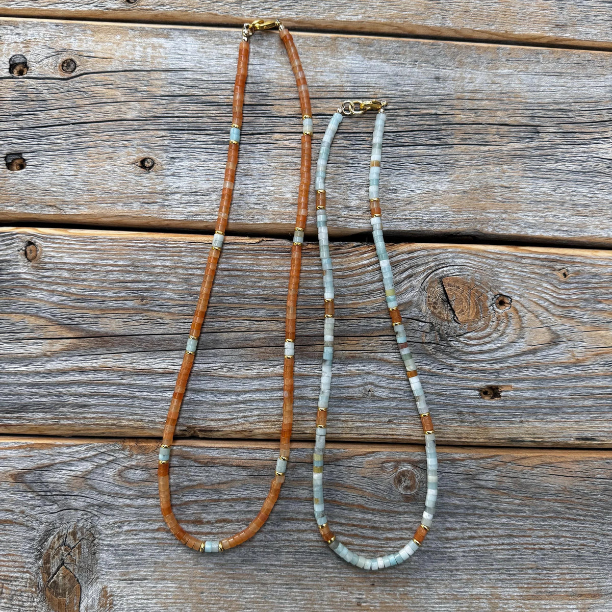 Heishi Necklace, Handmade Beaded Jewelry with Amazonite and Aventurine Stones, Southwestern Boho Style