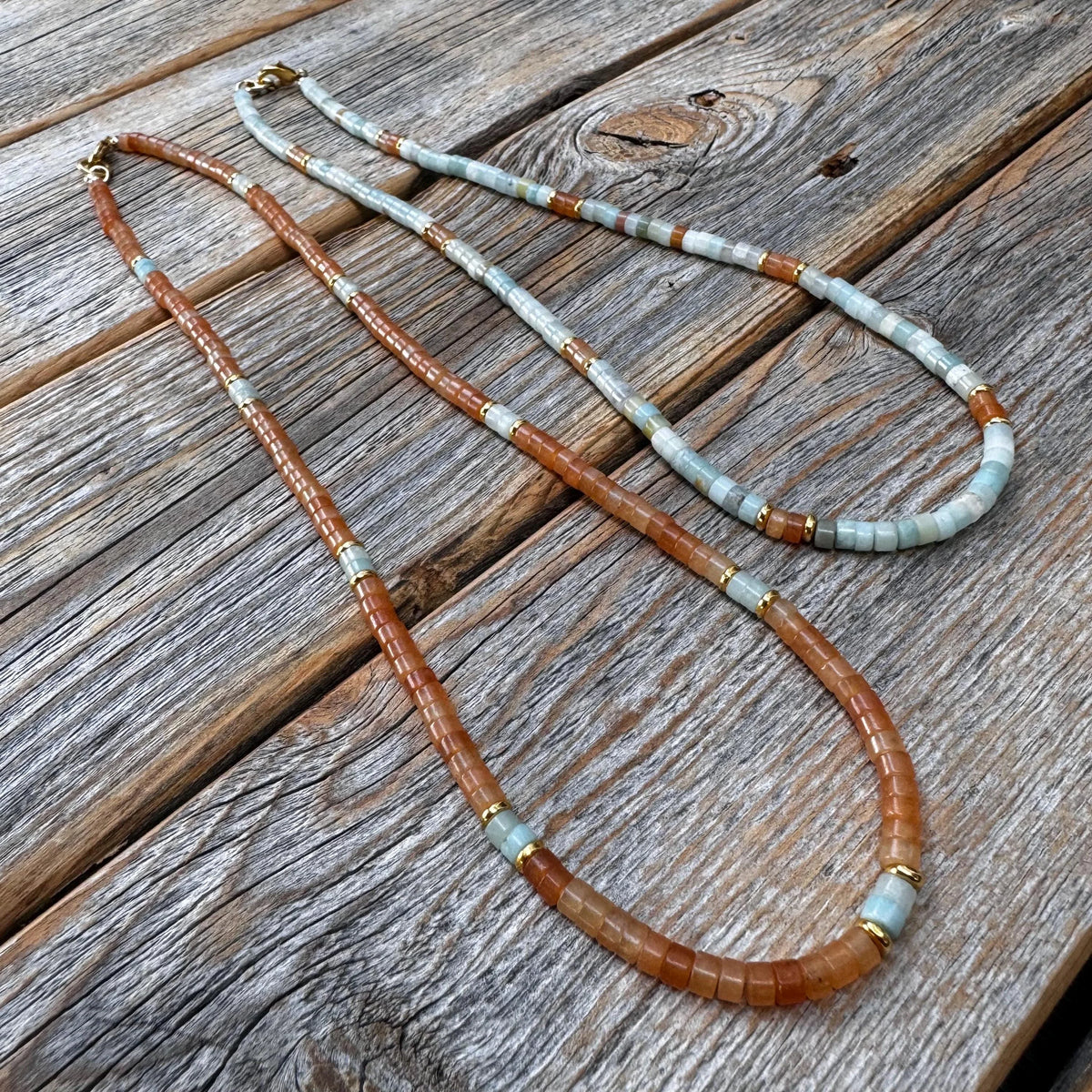 Heishi Necklace, Handmade Beaded Jewelry with Amazonite and Aventurine Stones, Southwestern Boho Style