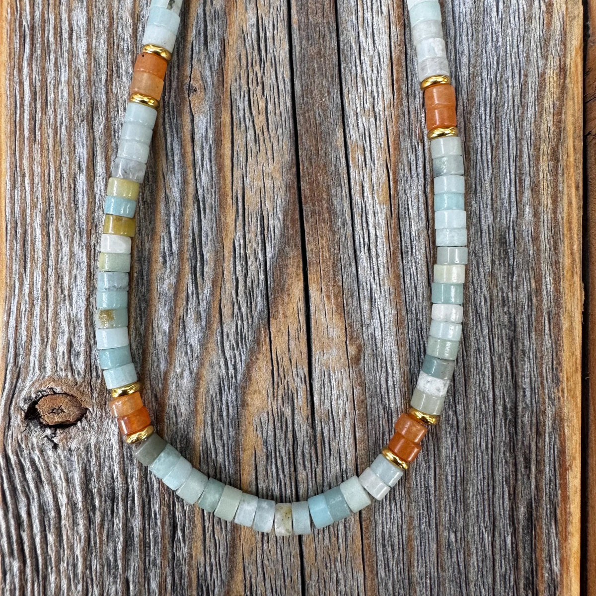 Heishi Necklace, Handmade Beaded Jewelry with Amazonite and Aventurine Stones, Southwestern Boho Style