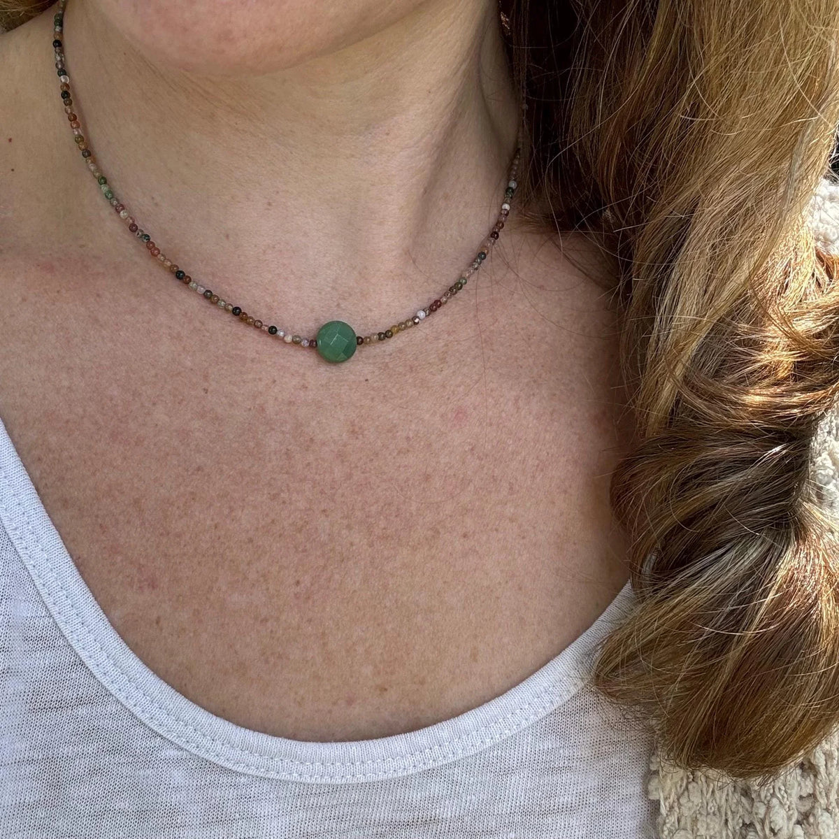Jasper and Aventurine Beaded Choker – Sterling Silver Boho Necklace