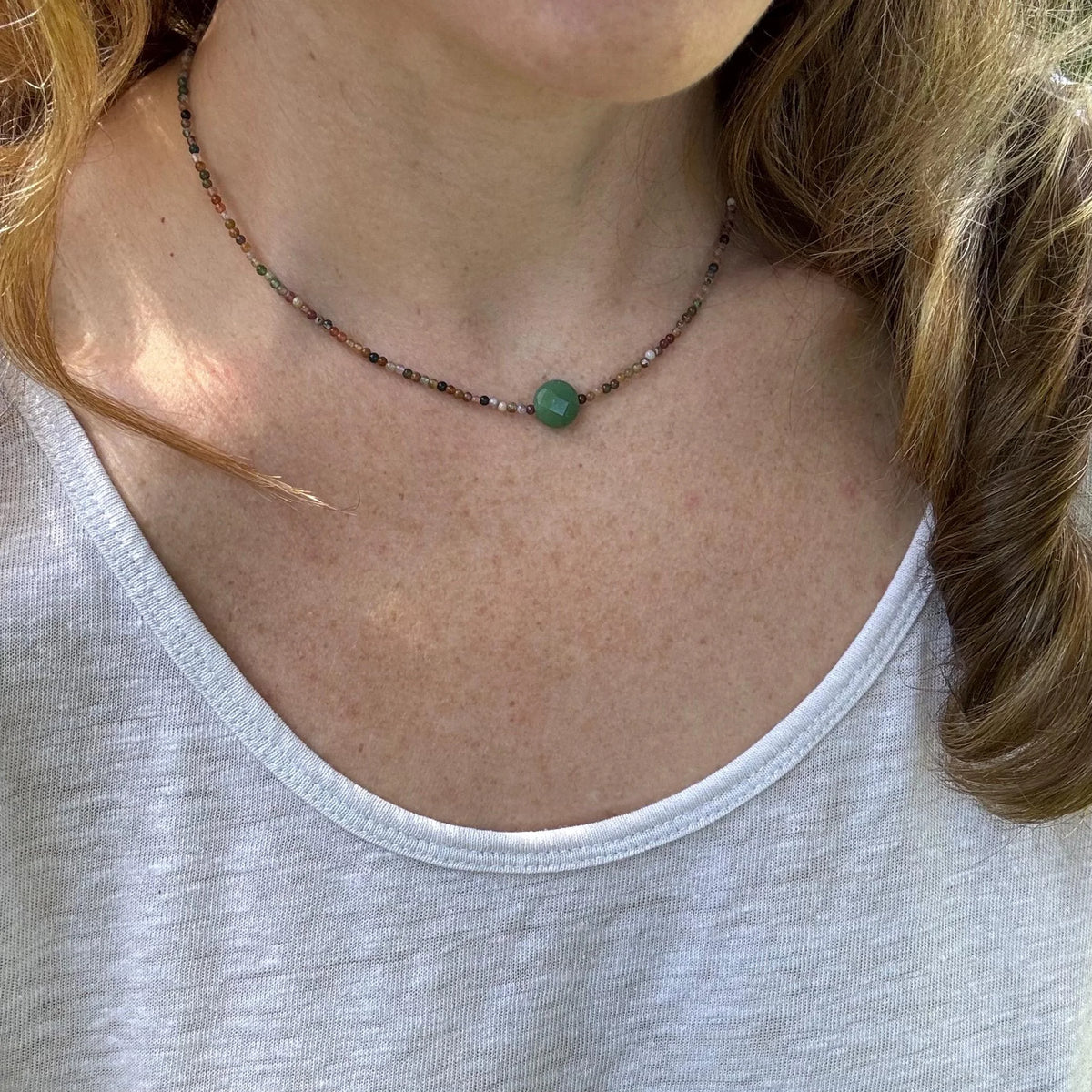 Jasper and Aventurine Beaded Choker – Sterling Silver Boho Necklace