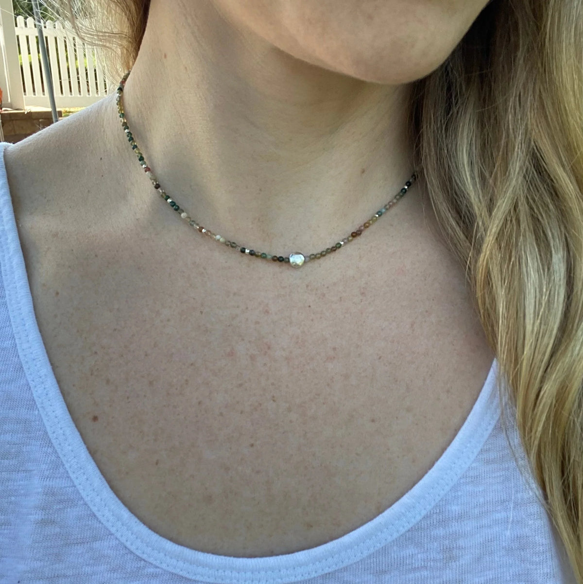 Jasper Beaded Choker Necklace - Dainty Sterling Silver Plated Clasp