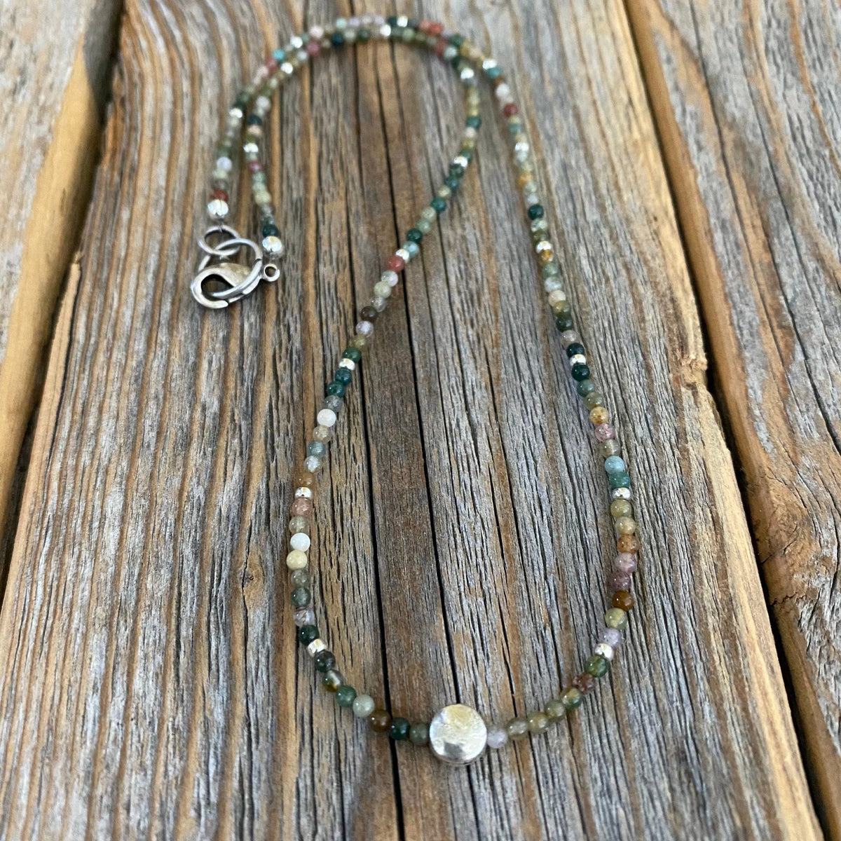Jasper Beaded Choker Necklace - Dainty Sterling Silver Plated Clasp