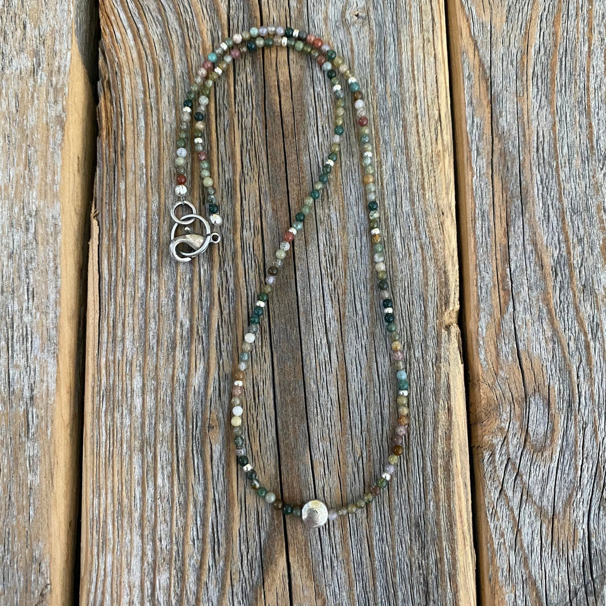 Jasper Beaded Choker Necklace - Dainty Sterling Silver Plated Clasp