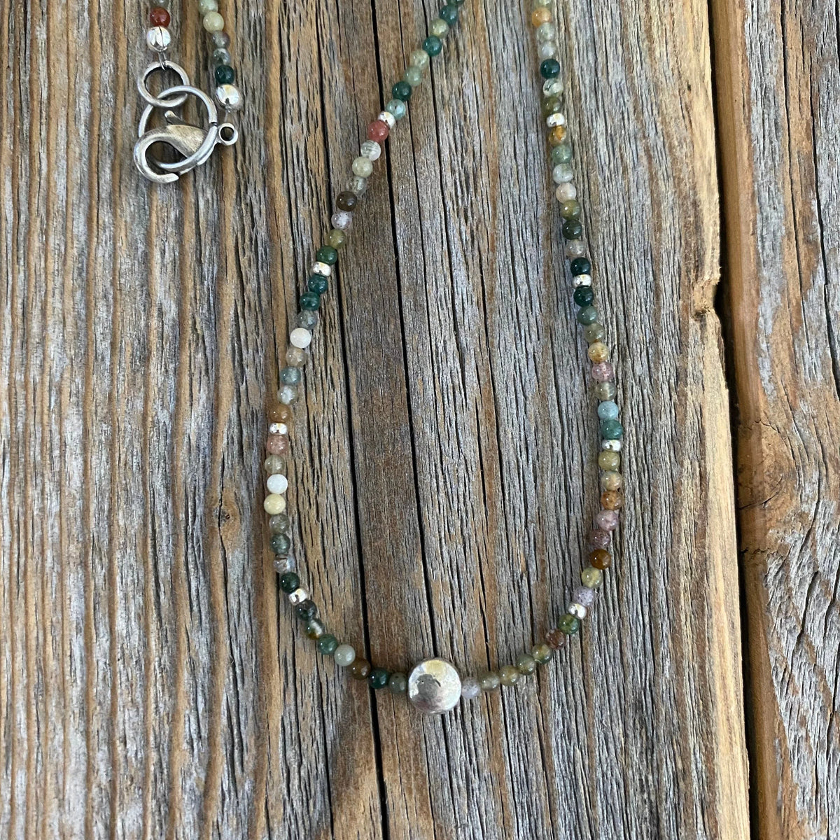 Jasper Beaded Choker Necklace - Dainty Sterling Silver Plated Clasp