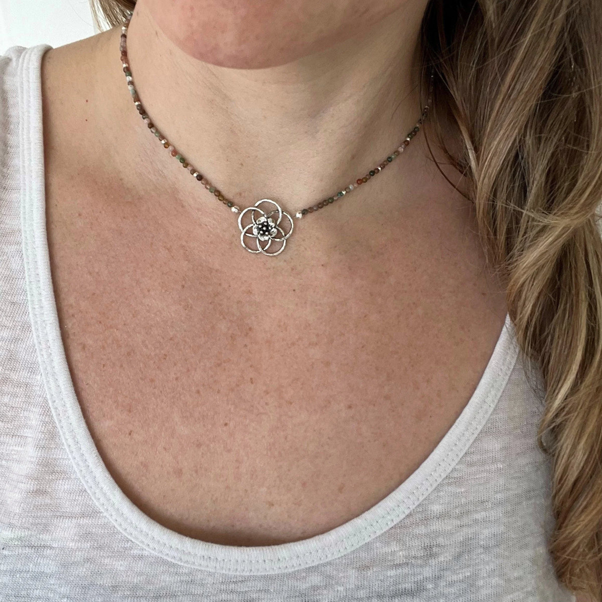 Jasper Flower Choker – Dainty Seed Bead, Sterling Silver Clasp