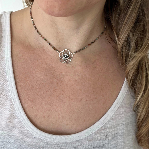 Jasper Flower Choker – Dainty Seed Bead, Sterling Silver Clasp