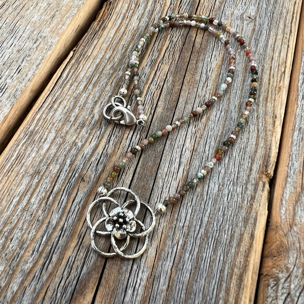 Jasper Flower Choker – Dainty Seed Bead, Sterling Silver Clasp