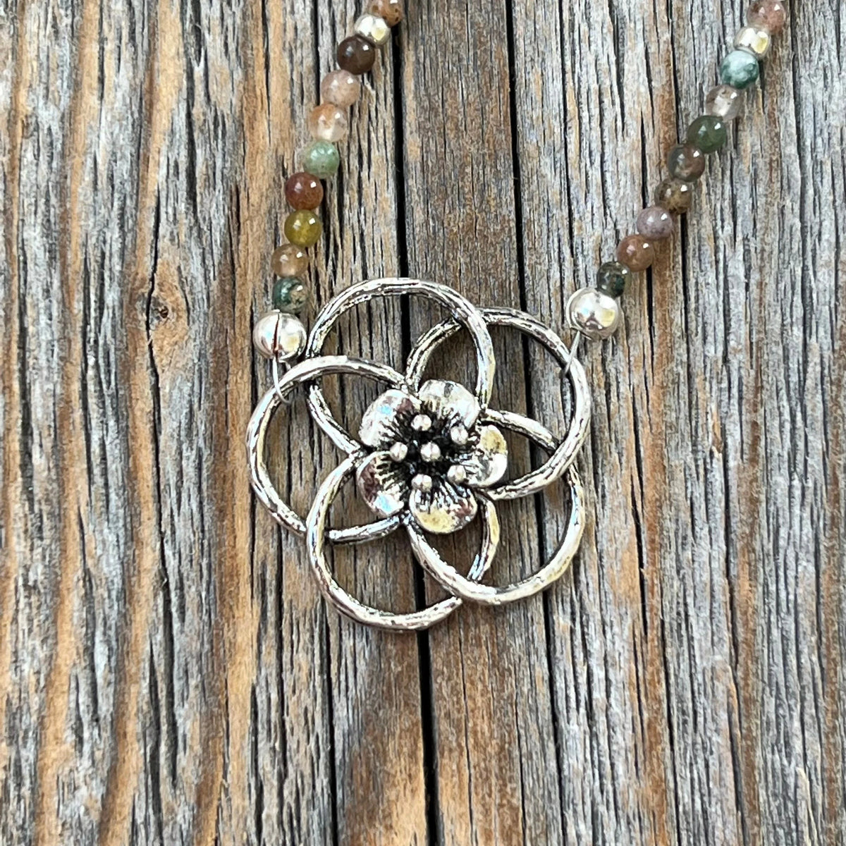 Jasper Flower Choker – Dainty Seed Bead, Sterling Silver Clasp