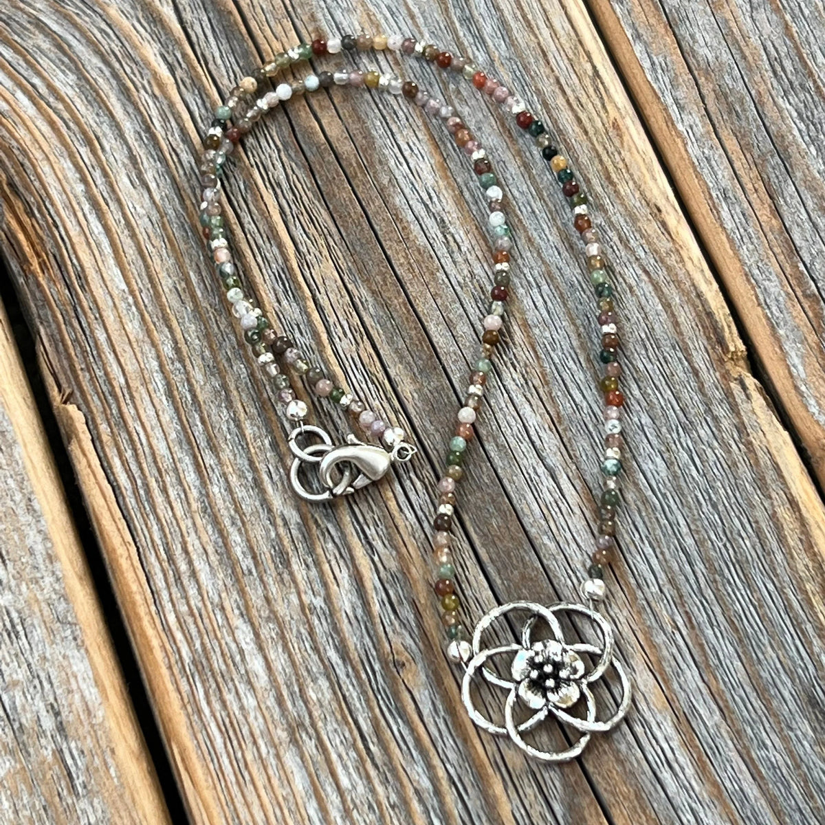 Jasper Flower Choker – Dainty Seed Bead, Sterling Silver Clasp