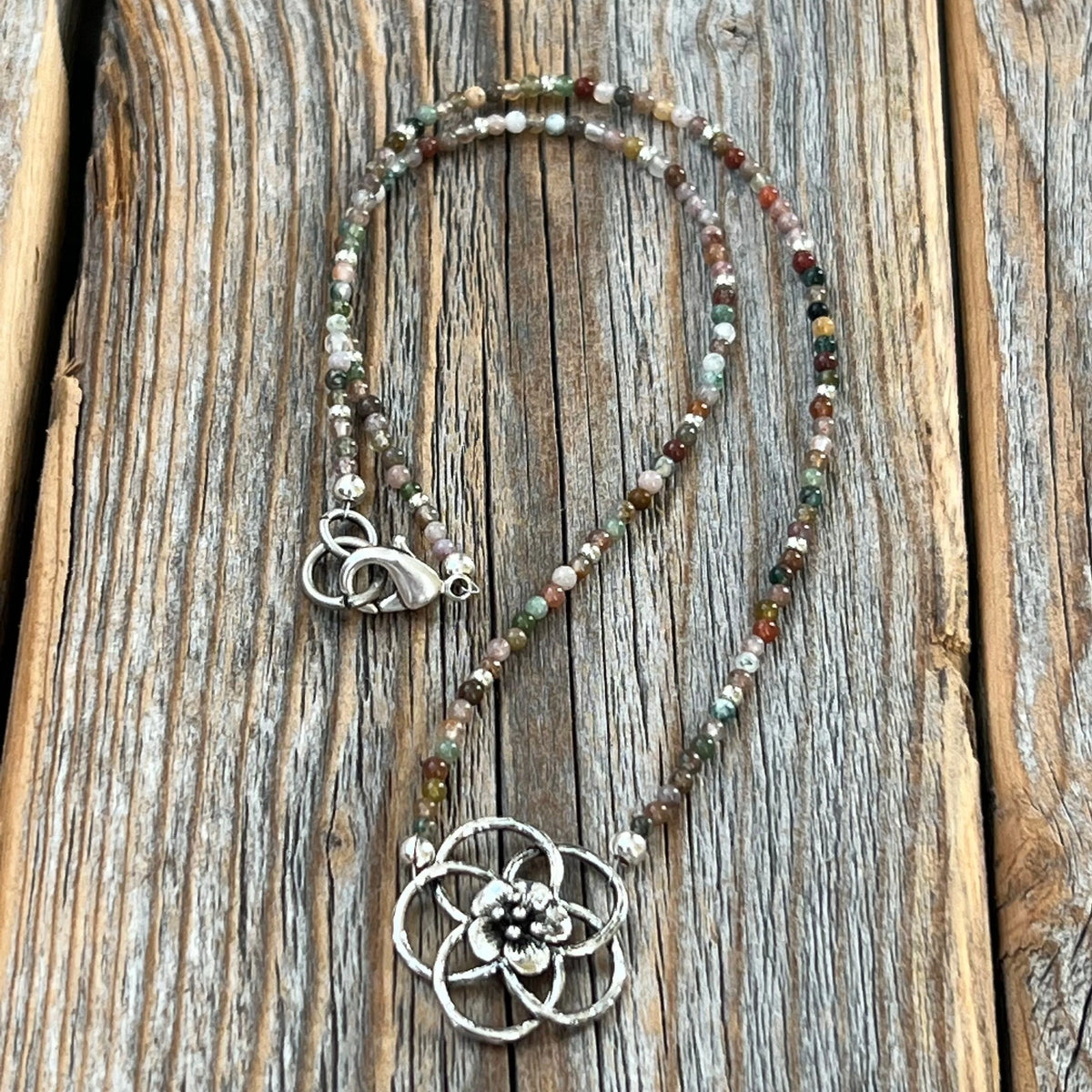 Jasper Flower Choker – Dainty Seed Bead, Sterling Silver Clasp